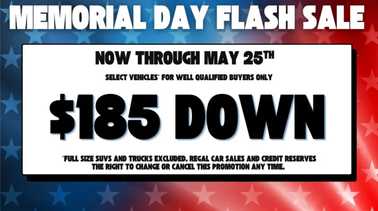 Memorial Day flash sale banner: large '$185 DOWN' on a white panel with a blue-red starry background; notes say 'Now through May 25th' and 'select vehicles for well qualified buyers only'
