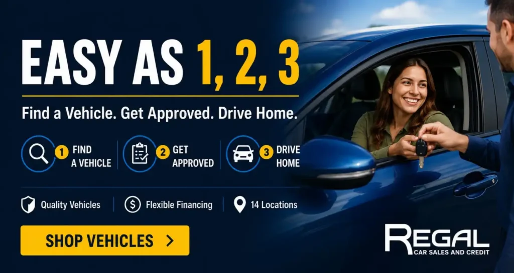 Regal car sales ad showing three-step process: Find a vehicle, Get approved, Drive home, with a smiling woman in a car and a yellow 'Shop Vehicles' button.